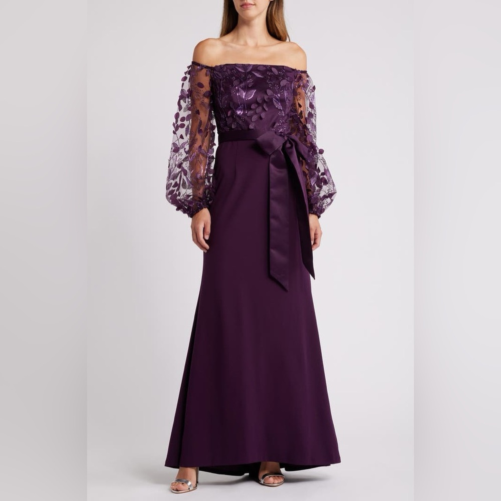 NWT Eliza J Floating Petals Long Sleeve Off the Shoulder Gown Sz 6